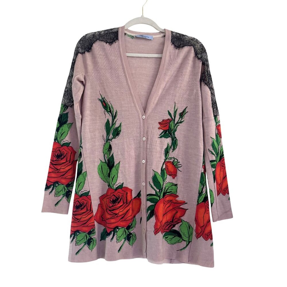 Blumarine Italy Pink Rose Print Y2k Cardigan Lace Shoulder Detail Button Front M